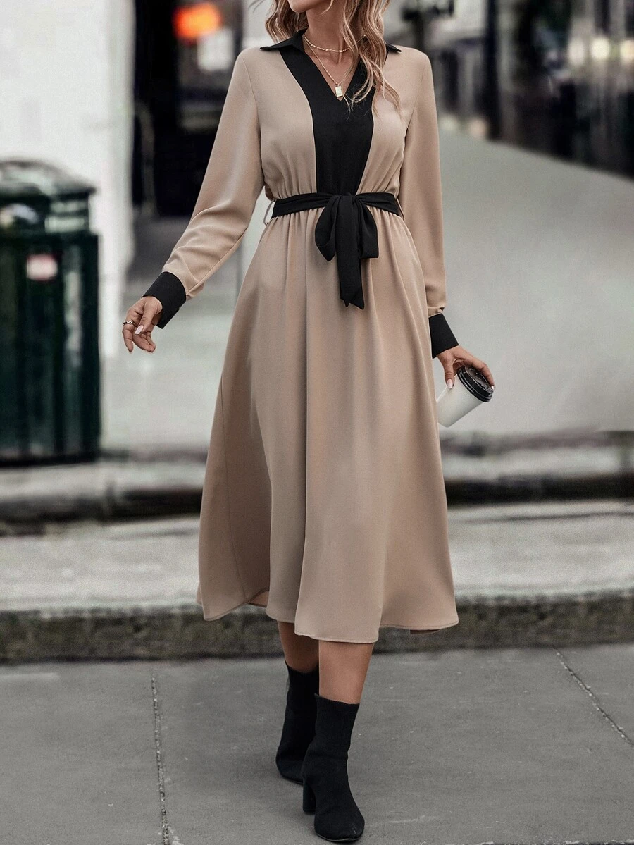 SHEIN Unity Colourblock Belted Dress - Apricot - View 1
