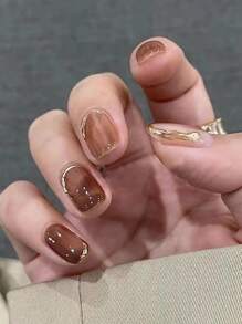 Instantly Upgrade Your Look With 24Pcs Short Square Brown Amber Smudged Golden Line Ombre Fake Nail & 1Sheet Tape & 1Pc Nail File Press On Nails Nail Supplies Nails - Multicolor - View 1