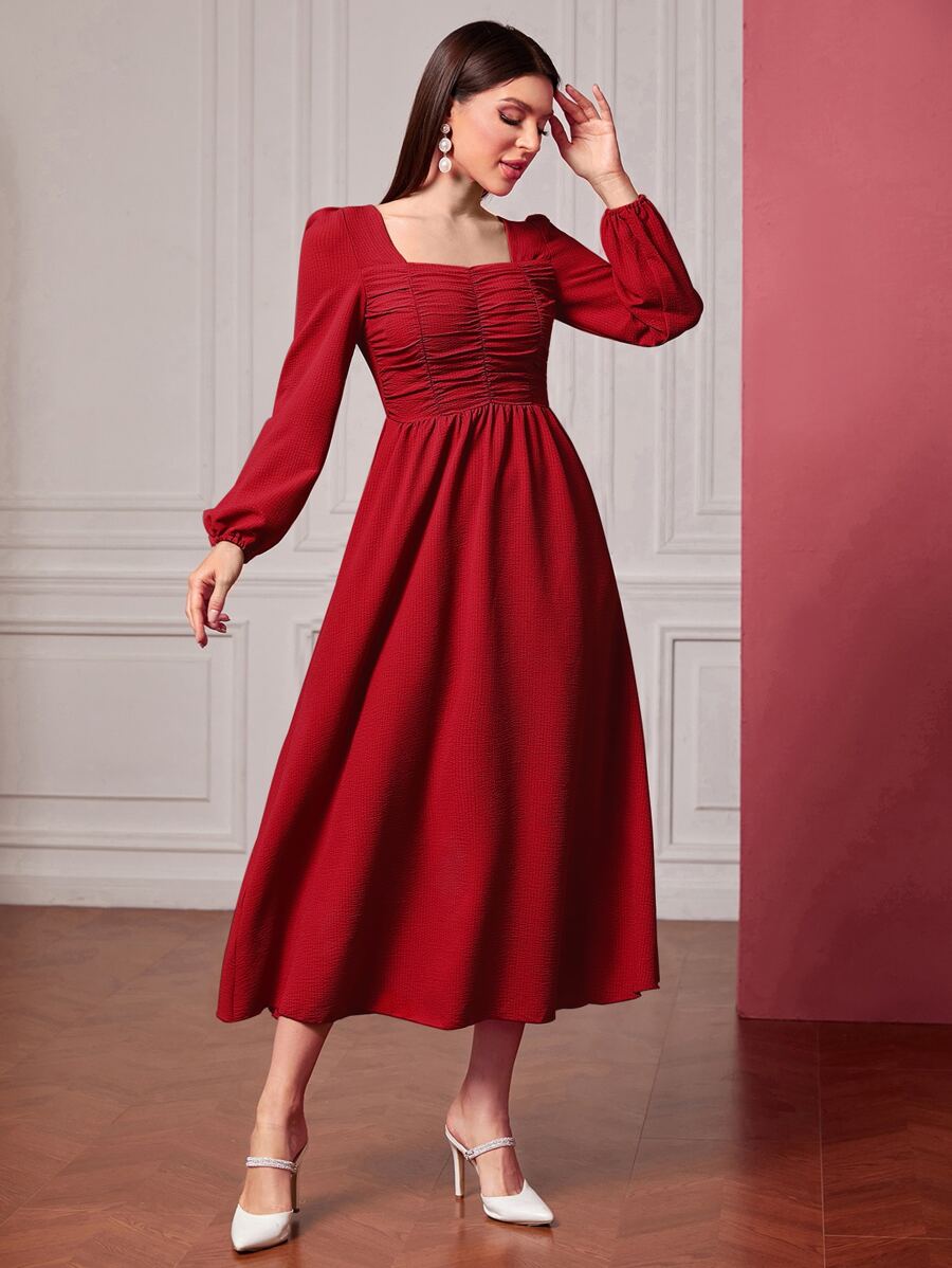 Modelyn Square Neck Ruched Lantern Sleeve Dress - Red - View 1