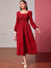 Modelyn Square Neck Ruched Lantern Sleeve Dress - Red - View 3