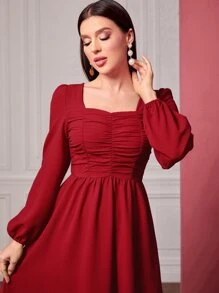 Modelyn Square Neck Ruched Lantern Sleeve Dress - Red - View 4