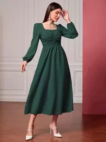 Modelyn Vestido de cuello cuadrado fruncido de manga farol - Verde Oscuro - Ver 1