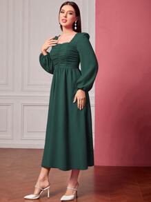Modelyn Vestido de cuello cuadrado fruncido de manga farol - Verde Oscuro - Ver 4