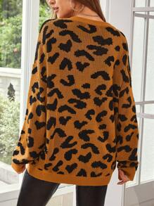 SHEIN LUNE Leopard Pattern Drop Shoulder Jumper - Brown - View 2