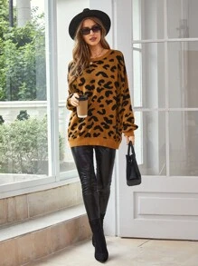 SHEIN LUNE Leopard Pattern Drop Shoulder Jumper - Brown - View 4