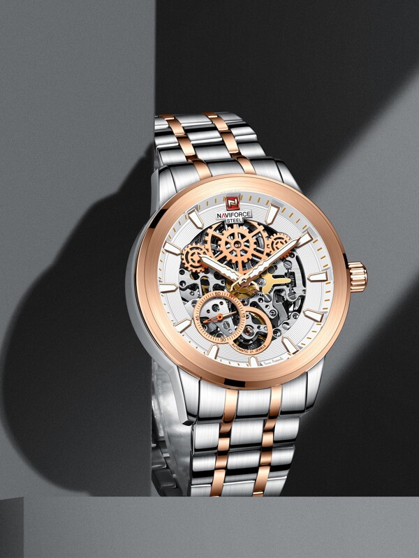 NAVIFORCE NAVIFORCE ساعة يد ميكانيكية فاخرة بالكامل من الفولاذ المقاوم للصدأ للرجال الأعمال بمشبك فراشة ذكر مضيئة 100 متر مقاومة للماء ساعة أوتوماتيكية NFS1002 فضي وذهبي وردي 1 مجموعة