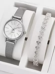 Round Quartz Watch & 1pc Rhinestone Decor Bracelet - Silver - View 1