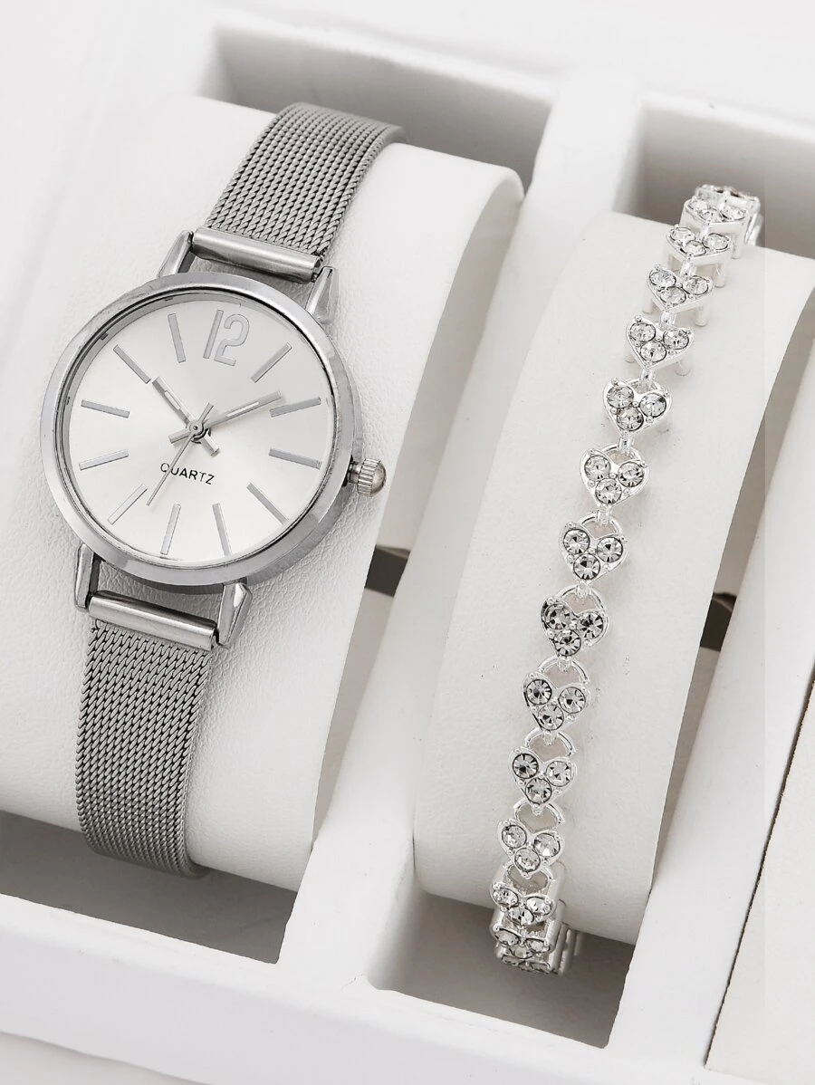 Round Quartz Watch & 1pc Rhinestone Decor Bracelet - Silver - View 1