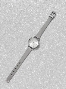 Round Quartz Watch & 1pc Rhinestone Decor Bracelet - Silver - View 3