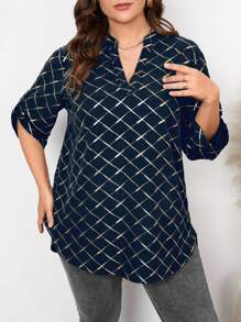 SHEIN LUNE Plus Geo Print Notched Neckline Roll Tab Sleeve Blouse - Navy Blue - View 1