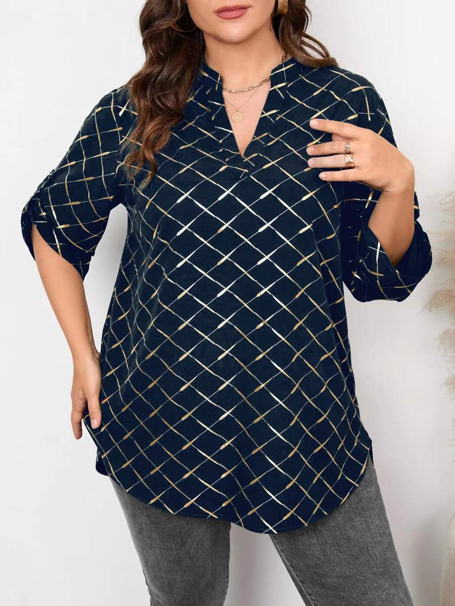 SHEIN LUNE Plus Geo Print Notched Neckline Roll Tab Sleeve Blouse - Navy Blue - View 1