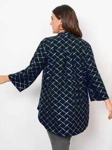SHEIN LUNE Plus Geo Print Notched Neckline Roll Tab Sleeve Blouse - Navy Blue - View 2