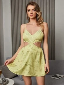 UNIQUE21 Floral Jacquard Cut Out Waist Cami Dress - Yellow - View 1