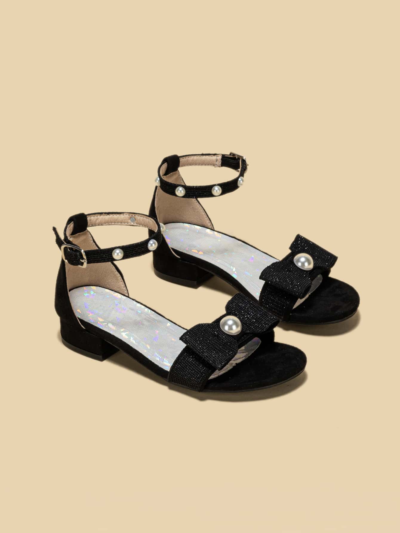 女孩蝴蝶結和人造珍珠裝飾粗跟踝帶涼鞋 - 黑色 - 查看 1