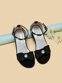 女孩蝴蝶結和人造珍珠裝飾粗跟踝帶涼鞋 - 黑色 - 查看 5