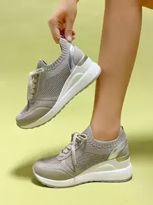 Metallic Detail Lace-up Front Wedge Sneakers - Khaki - View 1