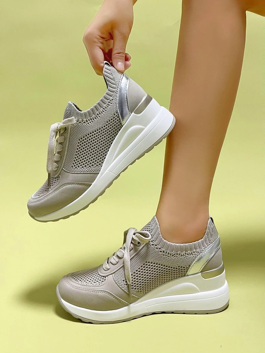 Metallic Detail Lace-up Front Wedge Sneakers - Khaki - View 1