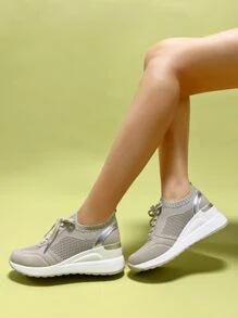 Metallic Detail Lace-up Front Wedge Sneakers - Khaki - View 2