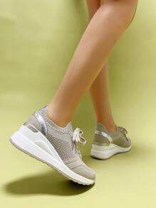 Metallic Detail Lace-up Front Wedge Sneakers - Khaki - View 3