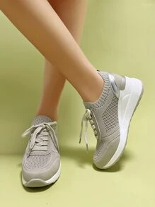 Metallic Detail Lace-up Front Wedge Sneakers - Khaki - View 5