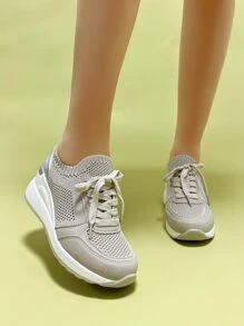 Metallic Detail Lace-up Front Wedge Sneakers - Khaki - View 6
