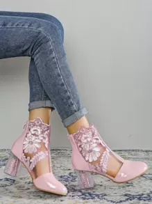 Pink Floral Print Classic Boots For Women With Chunky Heels - Pink - View 3