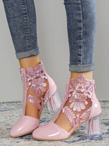 Pink Floral Print Classic Boots For Women With Chunky Heels - Pink - View 4