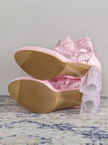 Pink Floral Print Classic Boots For Women With Chunky Heels - Pink - View 6