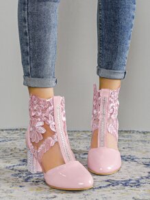 Pink Floral Print Classic Boots For Women With Chunky Heels - Pink - View 7