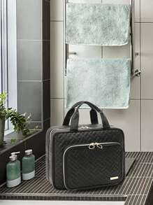 1pc Quilted Detail Portable Toiletry Travel Bag - Black - View 2