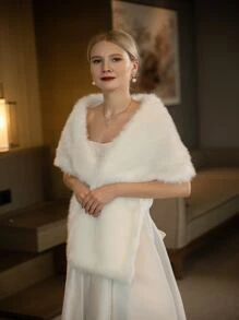 Solid Fuzzy Wedding Wrap For Winter Wedding Fall Clothes For Women - White - View 1