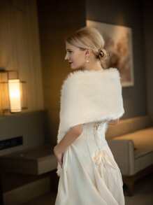 Solid Fuzzy Wedding Wrap For Winter Wedding Fall Clothes For Women - White - View 2