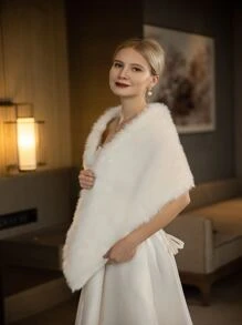Solid Fuzzy Wedding Wrap For Winter Wedding Fall Clothes For Women - White - View 4