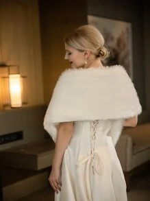 Solid Fuzzy Wedding Wrap For Winter Wedding Fall Clothes For Women - White - View 5