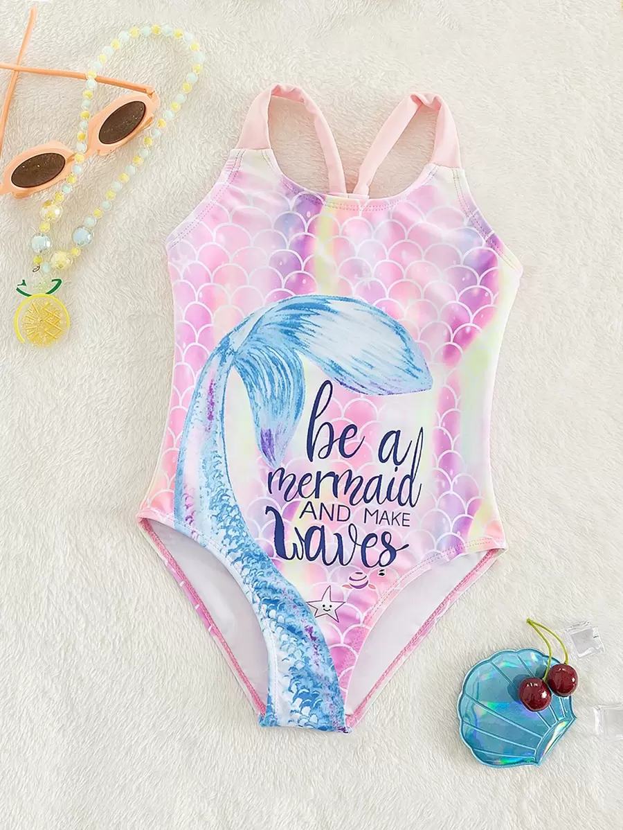 Young Girl Fish Scale Print One Piece Swimsuit