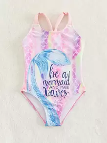 Young Girl Fish Scale Print One Piece Swimsuit