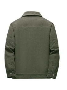 男士毛絨內襯前紐扣燈芯絨夾克 - 軍綠色 - 查看 2