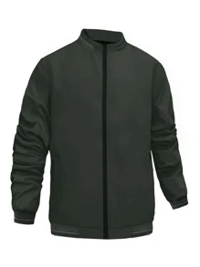 Men Striped Trim Zipper Coat - Army Green - View 1