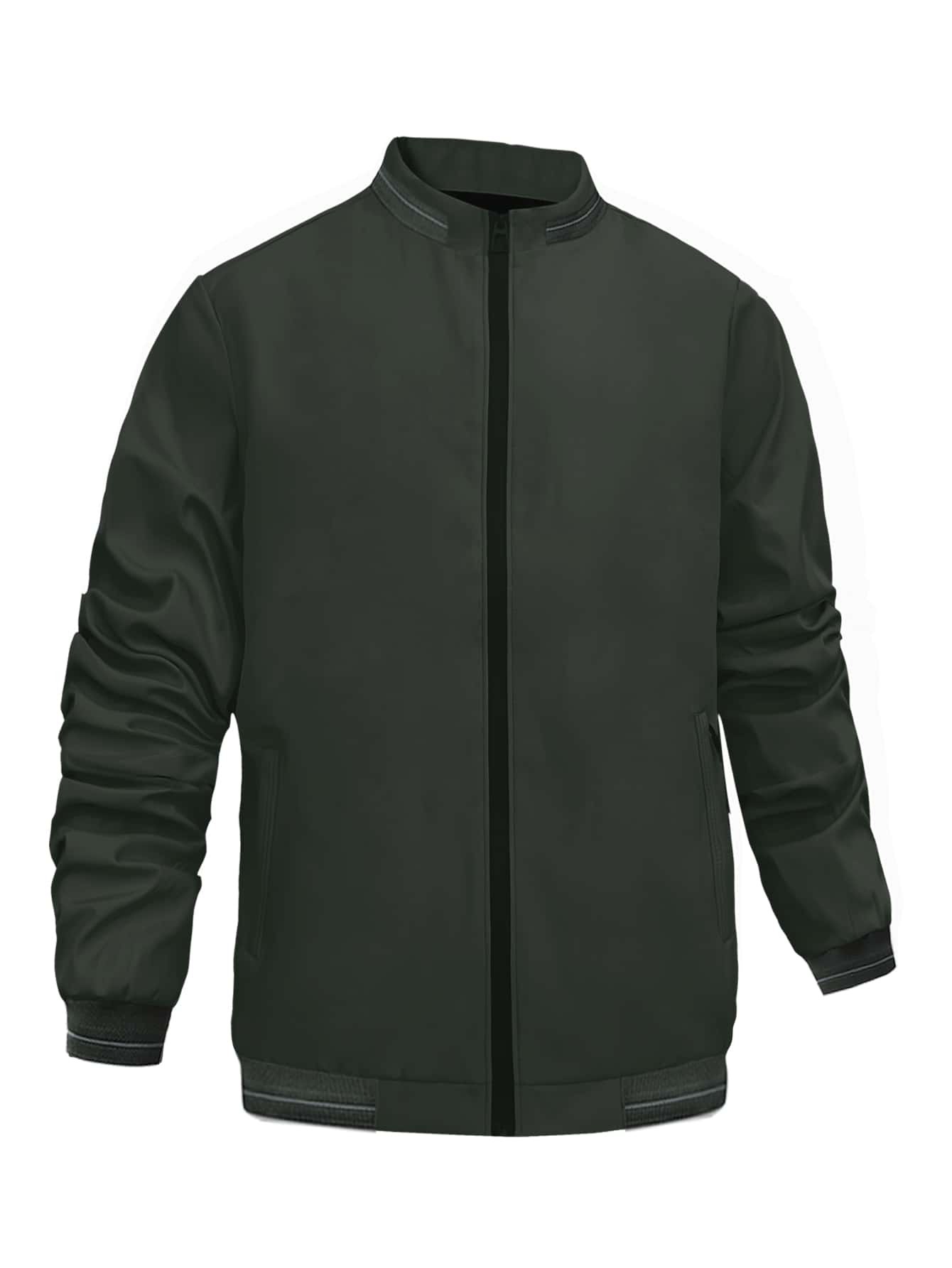 Men Striped Trim Zipper Coat - Army Green - View 1