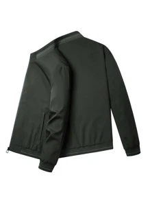 Men Striped Trim Zipper Coat - Army Green - View 2