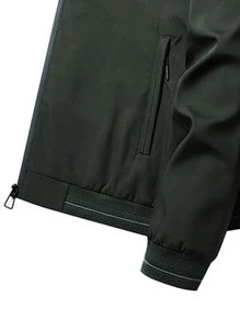 Men Striped Trim Zipper Coat - Army Green - View 4