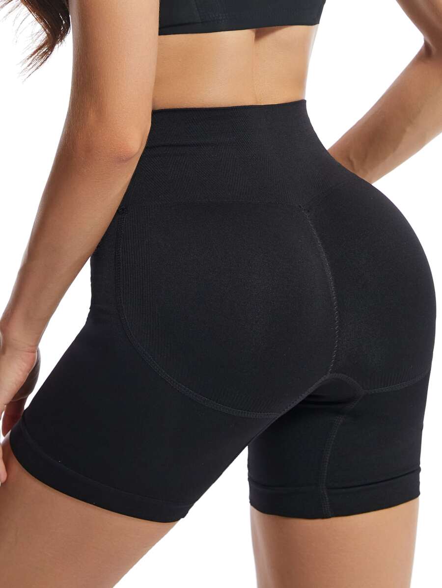 Women's High Waist Black Plain High Stretch Shapewear Shorts - Black - View 1