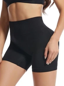 Women's High Waist Black Plain High Stretch Shapewear Shorts - Black - View 3