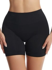 Women's High Waist Black Plain High Stretch Shapewear Shorts - Black - View 4