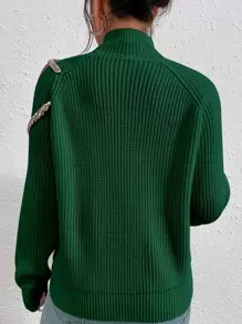 SHEIN Privé Áo len nữ Chuỗi Cắt ra màu trơn Giải trí - màu xanh lá - Xem 2