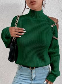 SHEIN Privé Áo len nữ Chuỗi Cắt ra màu trơn Giải trí - màu xanh lá - Xem 4