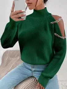 SHEIN Privé Áo len nữ Chuỗi Cắt ra màu trơn Giải trí - màu xanh lá - Xem 5