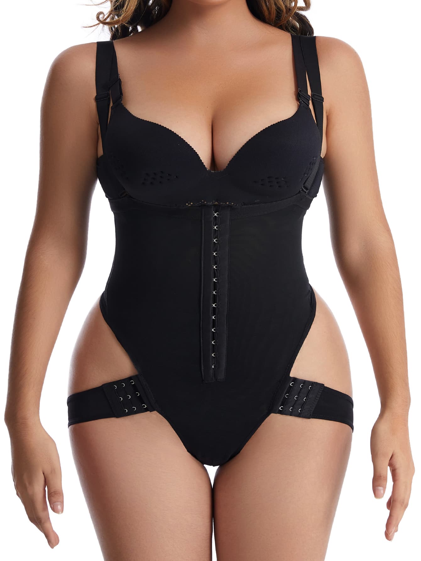 Hook & Eye Front Shapewear Bodysuit - Black - View 1