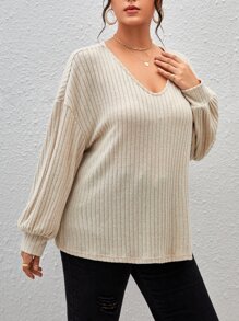 SHEIN Essnce Plus Drop Shoulder Ribbed Knit Tee - Beige - View 3