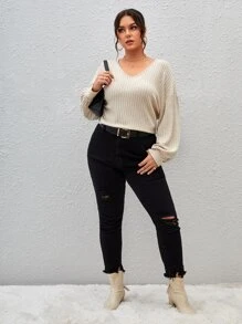 SHEIN Essnce Plus Drop Shoulder Ribbed Knit Tee - Beige - View 4